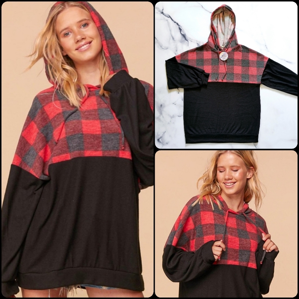 HOST PICK NWT Color Block Hoodie Sweatshirt in Plaid Combo